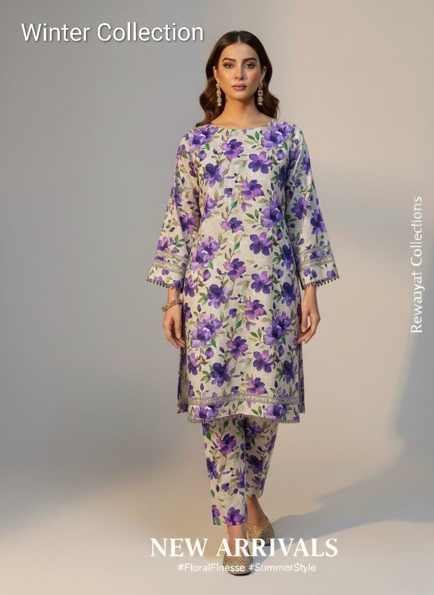 Off White Purple Khadar Suit